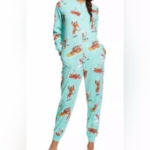 Nick & Nora Sock Monkey Cozy Novelty Fleece Pajama Winter Lounge Wear Size Small